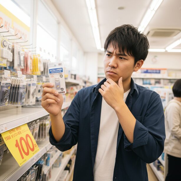 100均(ダイソー)のUSBメモリ売り場で、商品の性能や危険性を考えながら購入を迷う人物。その値段の安さから、本当に大丈夫なのかという疑問や不安が表情に表れている。