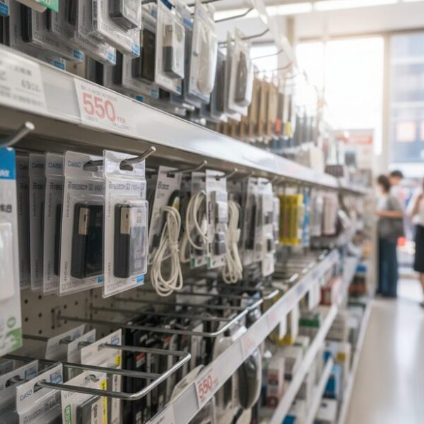 100円ショップのダイソーで販売されているUSBメモリの商品棚。550円という具体的な値段がプライスカードに明記されており、セリアやキャンドゥでの価格帯も想起させる。