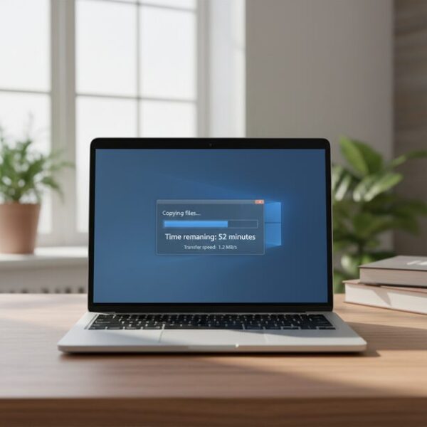 USB2.0規格のUSBメモリへ大容量データをコピーしているパソコン画面。転送速度が非常に遅く、書き込みに時間がかかり実用レベルの性能ではないことを示している。