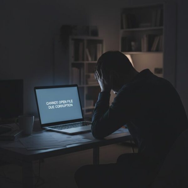 論理的な故障によりデータ消失したUSBメモリのエラー画面。ファイルが破損し、PCが認識しない状況に直面し、突然データが壊れるリスクと危険性を表現している。