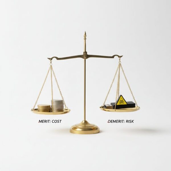 価格の安さというメリットと、データ消失や故障といったデメリットを天秤にかけて比較。100均USBメモリを購入前に知るべきリスクと利点を視覚的に表現。