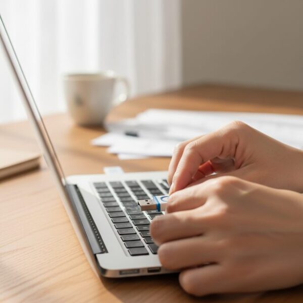 パソコンがUSBメモリを認識しない時の対処法。別のUSBポートに挿し直して接続を確認しており、トラブルシューティングの基本的な手順を試している様子。