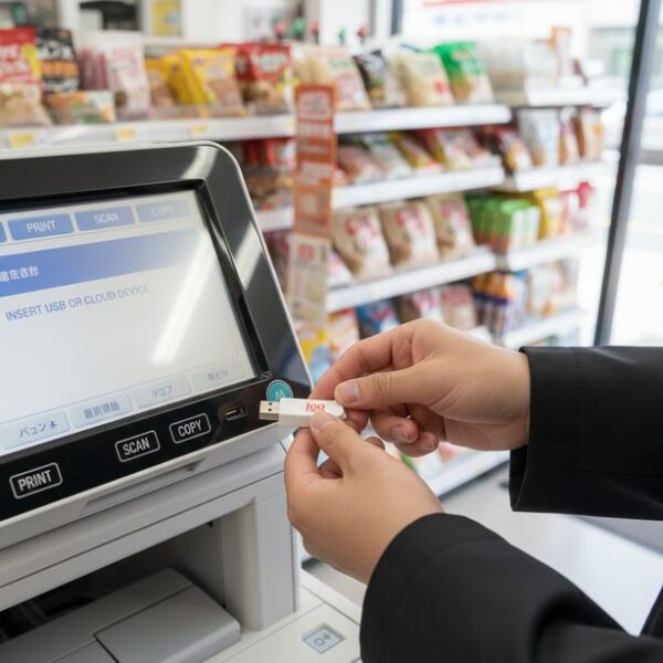 100均USBメモリの推奨される具体的な使い道。コンビニのマルチコピー機で書類を印刷するため、一時的なデータ移動用メディアとして活用しているシーン。