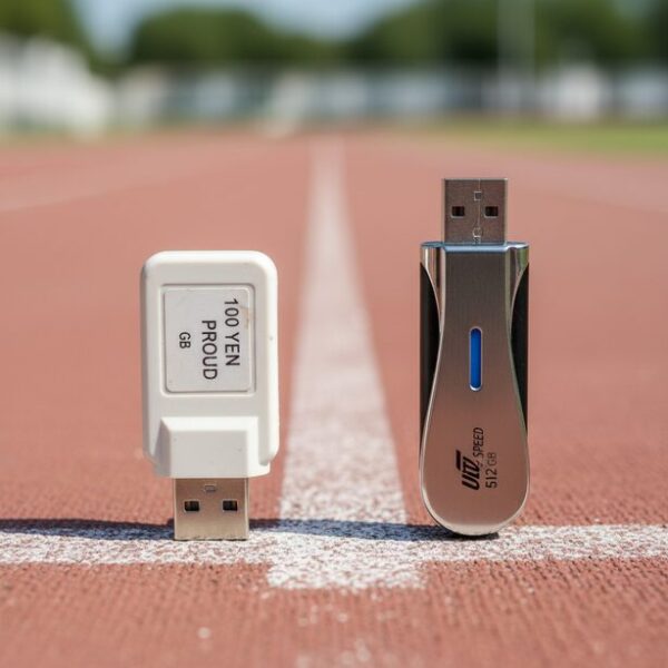 100均USBメモリと大手メーカー製の性能比較。信頼性や転送速度、価格の違いを競争に見立てており、両者のスペック差を視覚的に表現している。