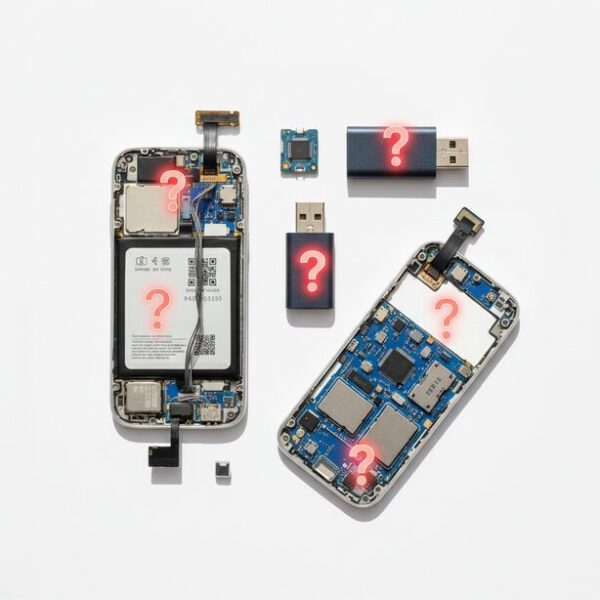 Androidスマホ、USBメモリ、Type-C変換アダプタが並び、それぞれに疑問符が付いている。USBが認識しない原因がスマホ本体、メモリ、接続機器のどこにあるのかを切り分ける必要性を示唆。