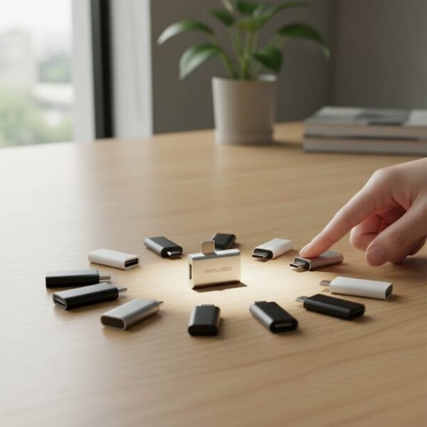 複数のUSB Type-C変換アダプタが並ぶ中、品質の良いOTG対応製品に焦点が当たっている。AndroidスマホでUSBメモリを認識させるための、信頼できるアダプタの選び方を示す。