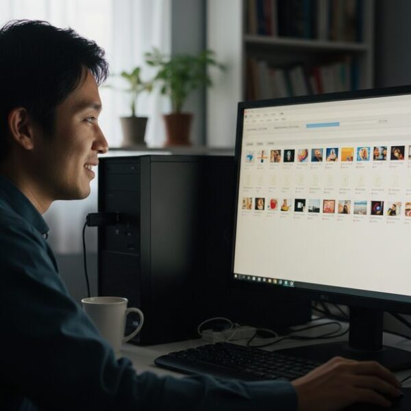パソコンでデータ復旧ソフトを使い、認識しなくなったUSBメモリから写真やファイルの復元を試みている。論理障害であれば、専門ソフトによって大切なデータを取り戻せる可能性がある。