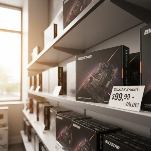 PCパーツショップの棚に陳列された多数のマザーボード製品群。その中でBIOSTARの箱が価格の安さで際立っており、コストパフォーマンスを重視するメーカーとしての特徴を明確に示している。