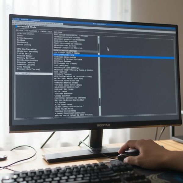 パソコンのモニターに表示されたBIOSTARマザーボードのBIOS設定画面。テキスト中心のやや古風なUIデザインだが、メモリのXMP設定など基本的な操作は問題なく行えることを示している。