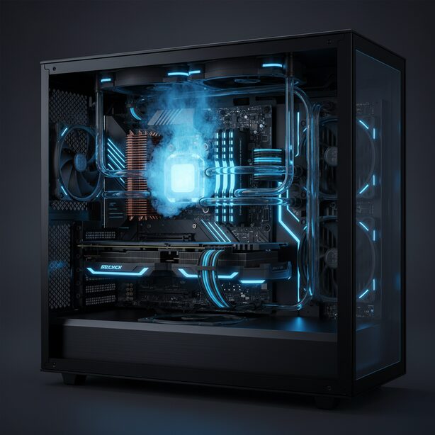 近未来的なPC内部で、Core Ultra 7 265K CPUから立ち上る冷気を高性能CPUクーラーが強力に冷却する様子。次世代プロセッサーの性能を最大限に引き出すための、空冷・水冷技術の重要性を示す。