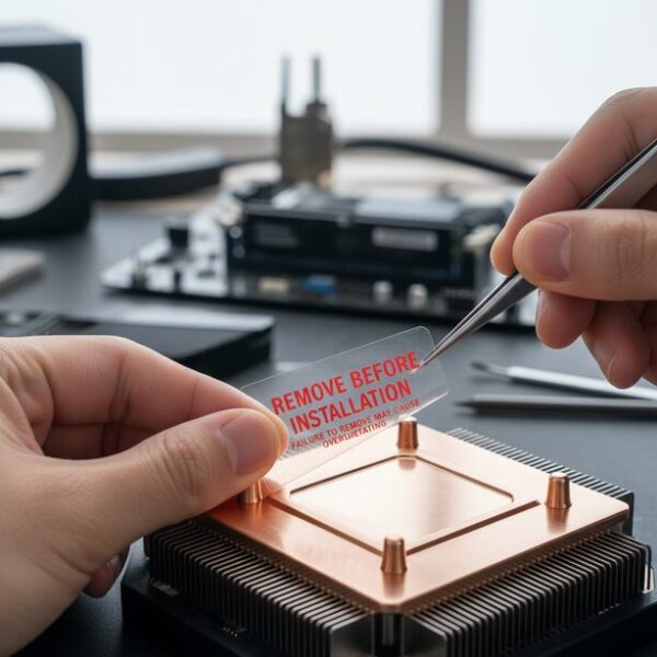 CPUクーラー取り付け時の最も重要な注意点。CPUと接触するベースの保護フィルムの剥がし忘れは冷却性能を著しく低下させるため、Core Ultra 7 265Kの性能を活かすには必須の作業。