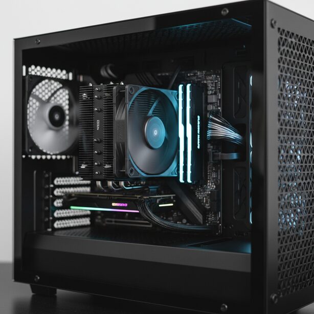 PCの性能を最大限に引き出す、青いLEDで照らされた高性能CPUクーラー。マザーボードに設置され、熱暴走を防ぎCPUを安定して冷却する重要なパーツの役割を象徴している。