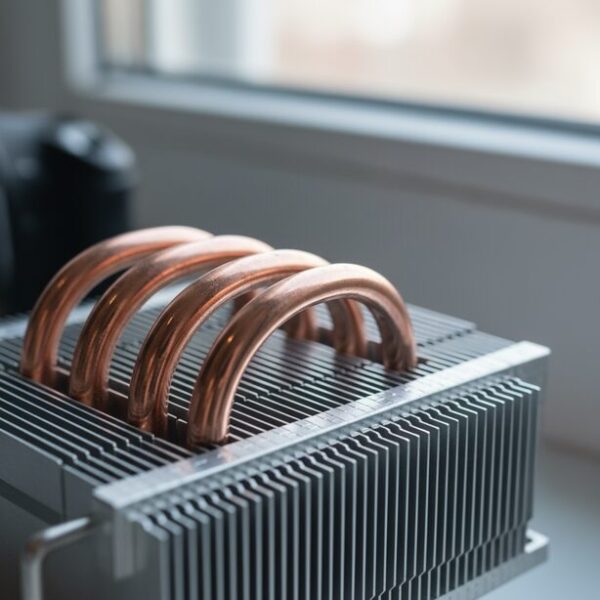 CPUの熱を効率的に拡散させるCPUクーラーのヒートシンクと銅製ヒートパイプのクローズアップ。PCの安定動作に欠かせない冷却パーツの基本的な役割と精巧な構造を示している。