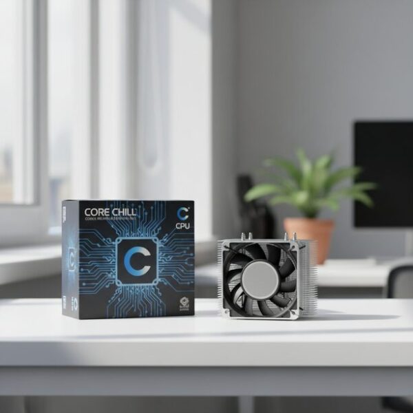 CPUの製品箱の横に置かれた、標準で付属するリテールクーラー。追加費用なしで利用できるが、冷却性能は最低限であり、高負荷な用途では社外品への交換が推奨されることを示す。