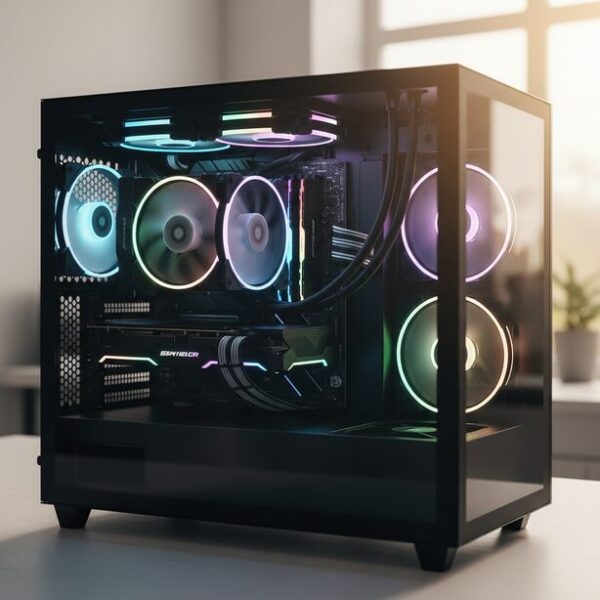 PCケース内で静かに力強く回転する大型の社外品CPUクーラー。高い冷却性能と優れた静音性というメリットを表現し、熱暴走を防いでPC全体の安定性を高める効果を示す。