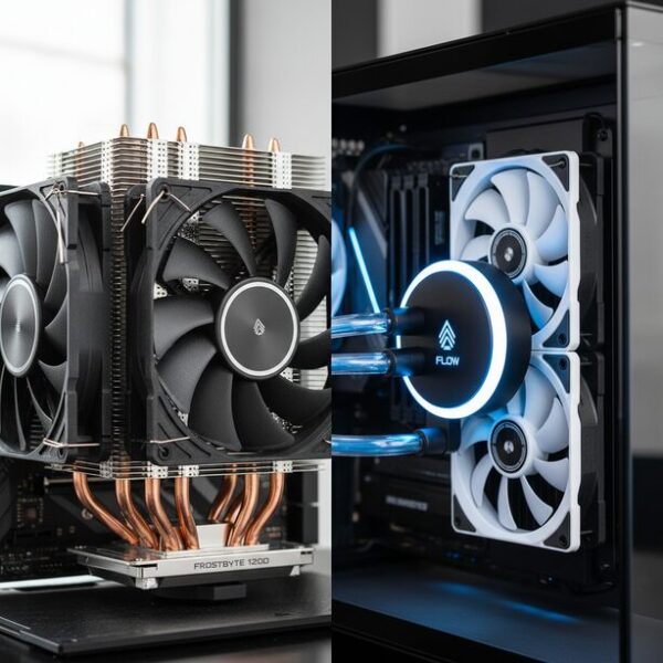 空冷式と水冷式CPUクーラーの仕組みの違いを比較。左に空冷のヒートシンク、右に水冷のラジエーターとチューブが配置され、それぞれのメリット・デメリットを視覚的に表現する。