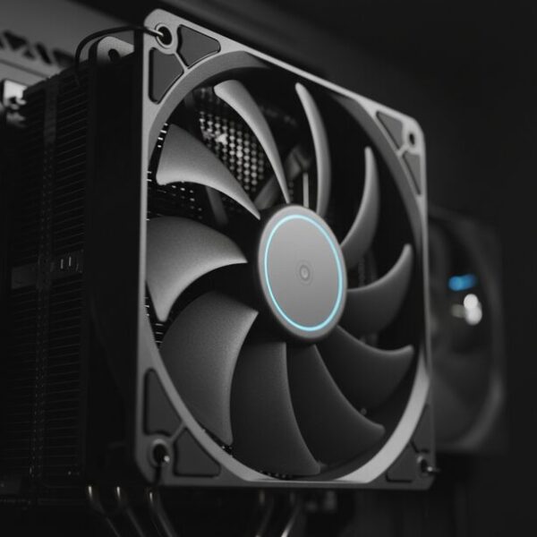 PCの快適さを左右する静音性の高いCPUクーラーの大型ファン。ゆっくりと滑らかに回転する羽根が、動作音の小ささと優れた冷却性能の両立を象徴し、作業への集中を助ける。