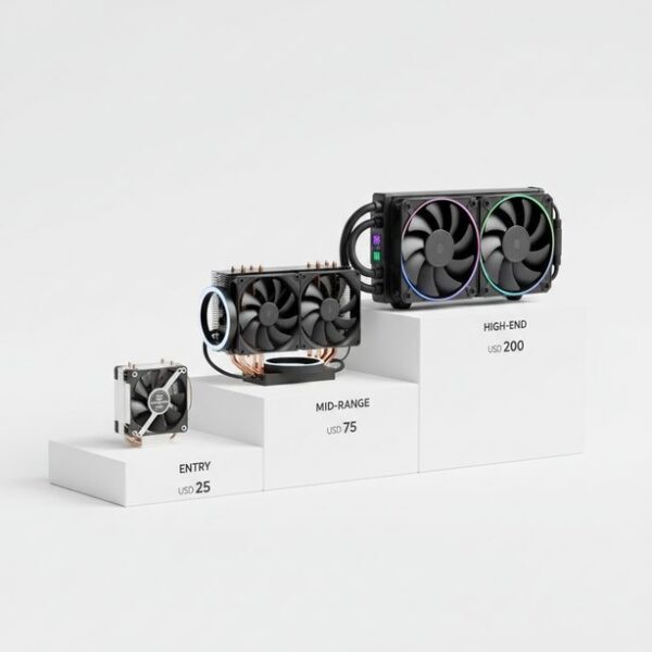 価格帯別に並べられたCPUクーラー。エントリーモデルからハイエンドモデルまで、予算に応じて性能や静音性がどう変わるかの目安を示し、コストパフォーマンスを考える上での参考になる。