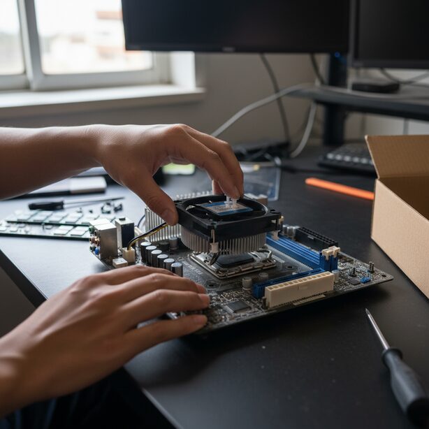 自作PCの組み立て中、Intel純正CPUクーラーのプッシュピンがはまらず困っている様子。マザーボードが少ししなっており、ピンが固くて取り付けに失敗しそうな緊張感が漂う作業台。