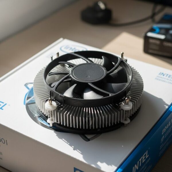 自作PC用のマザーボードの箱の上に置かれたIntel純正リテールクーラー。工具不要で取り付けられる特徴的な4つのプッシュピンの構造がはっきりと見える製品ショット。