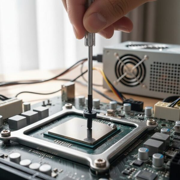 CPUクーラーの取り付け準備として、マイナスドライバーを使いプッシュピンを回してロック解除している手元。矢印を外側に向ける正しい手順をクローズアップで示す。