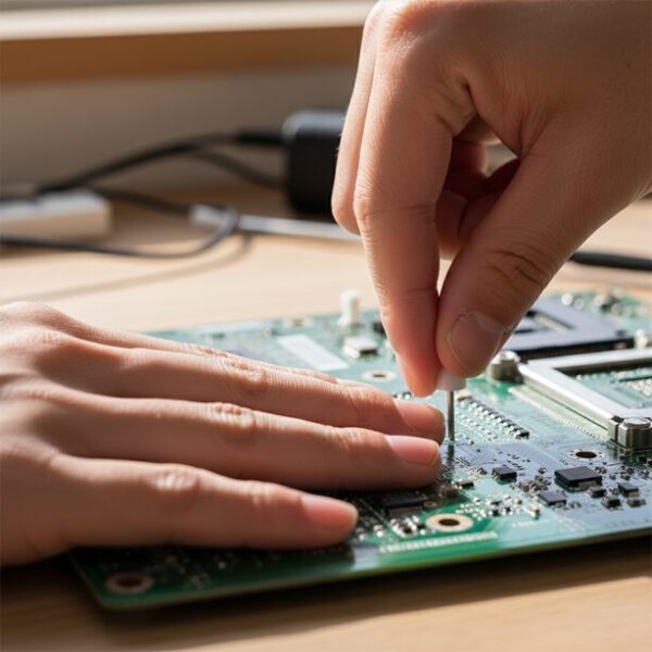 CPUクーラーの固いプッシュピンを押し込む際のコツ。マザーボードの裏側を指でしっかりと支え、基板のたわみを防ぎながら、もう片方の手で安全に力を加えている様子。