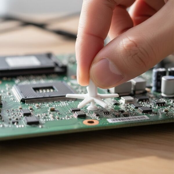 CPUクーラーのプッシュピンが「カチッ」と音を立ててマザーボードに正しくロックされた瞬間のクローズアップ。白いアンカーピンが完全に固定された成功状態を示している。