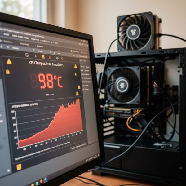 PCモニターに映し出されたCPU温度監視ソフトの画面。取り付けミスが原因でCPU温度が98℃という異常な高温を示し、熱暴走の危険を警告する赤い数値が強調されている。