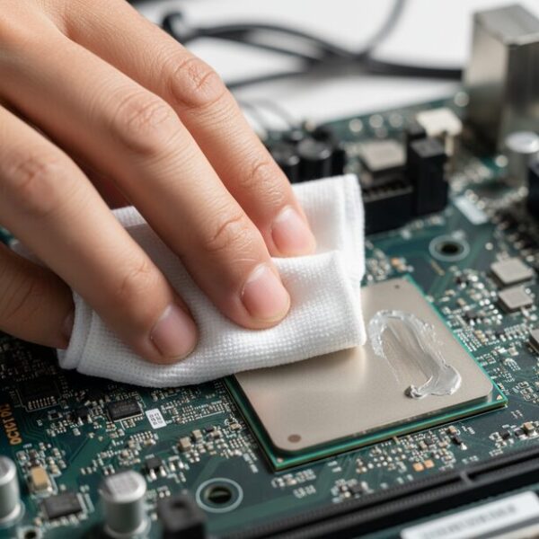 CPUクーラー再取り付け前の必須作業。無水エタノールを含ませた布で、CPU表面に残った古いCPUグリスを丁寧に拭き取り、鏡面のような状態に戻している手元のアップ。