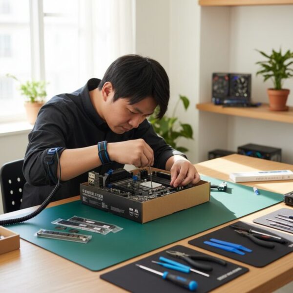 安全な自作PCの作業環境。マザーボードの元箱の上で、静電気防止リストストラップを装着した手元がCPUクーラーの取り付け作業を行っており、破損防止策を講じている。