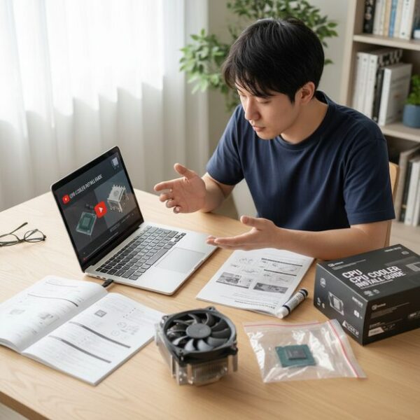 自作PC初心者が失敗しないための学習風景。ノートパソコンでCPUクーラーの取り付け解説動画を見ながら、横に置いたマザーボードと実物を見比べて手順を確認している。