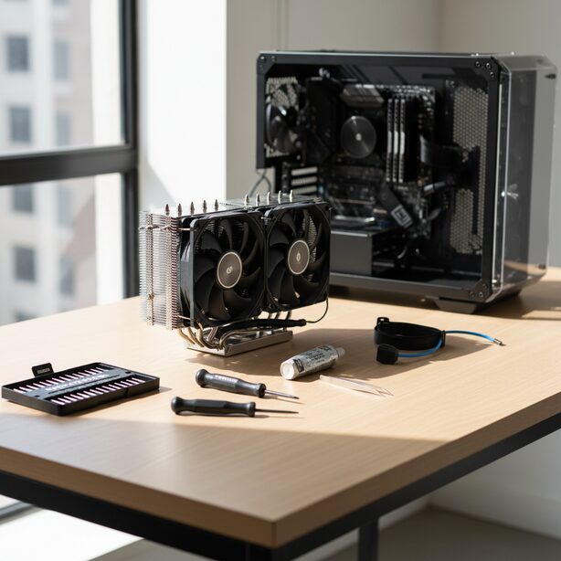 整頓された作業デスクに置かれた大型CPUクーラーと工具一式。これから始まる自作PCのメンテナンスやパーツ交換への期待感を表現し、外し方や付け方の手順を解説する記事内容を示唆。