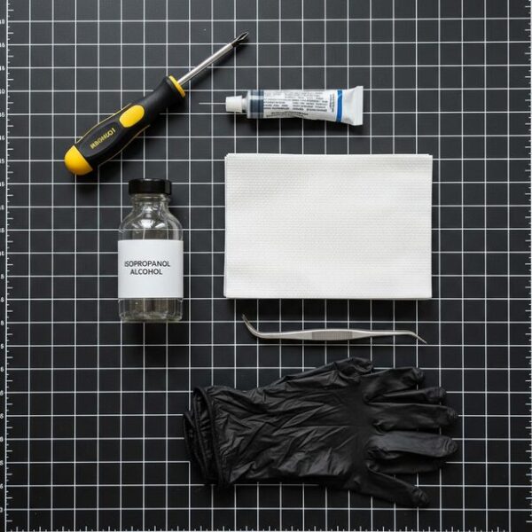 CPUクーラーの交換作業に必要な道具一式。プラスドライバー、CPUグリス、キムワイプ、静電気防止手袋などが黒いマットの上に整然と並べられ、安全な自作PCの準備の重要性を示す。