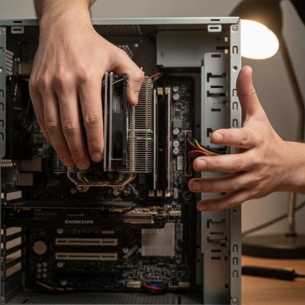 CPUグリスの固着により、マザーボードからCPUクーラーが外れないトラブルの状況。自作PCのメンテナンスで起こりがちな問題と、その対処法の必要性を読者に分かりやすく伝える。