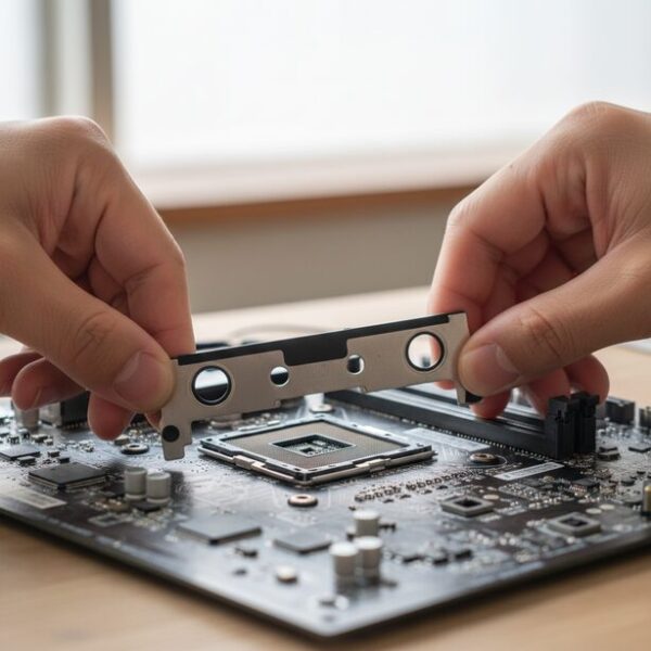 マザーボードの裏面にCPUクーラー用のバックプレートを取り付けている様子。基板の歪みや破損を防ぐ重要なパーツの役割と、正しい向きで設置する必要があるという注意点を示す。