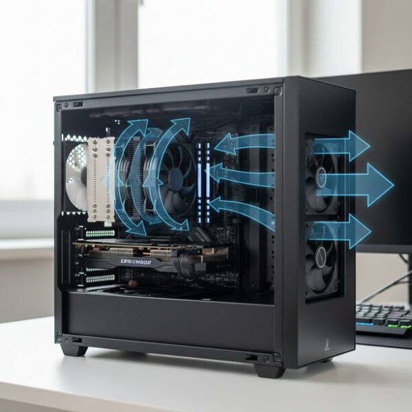 PCケース内の空気の流れ(エアフロー)に沿って設置されたサイドフロー型CPUクーラーのファン。前面から吸気し背面へ排気する効率的な冷却構造で、PC全体の温度管理の重要性を示す。