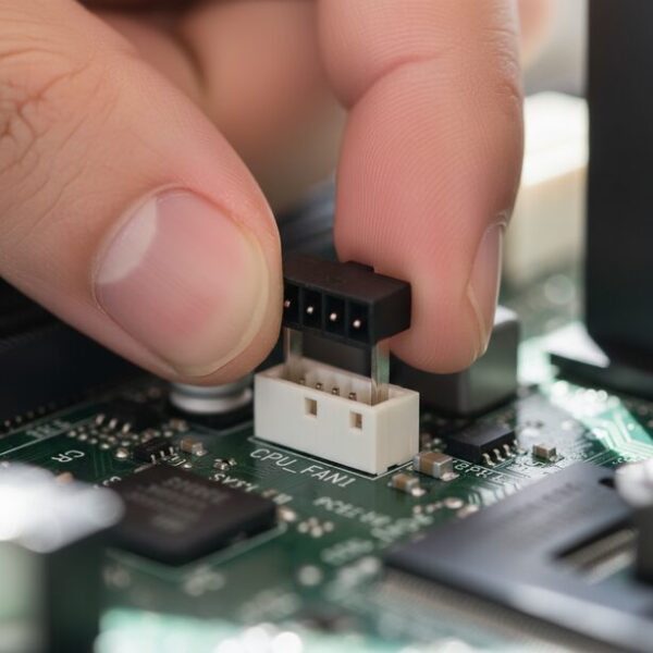 マザーボード上の「CPU_FAN」と印字されたヘッダーに、CPUクーラーの電源ケーブルを接続する指先。正しい端子に接続することで、CPU温度に応じたファン制御が可能になることを示す。