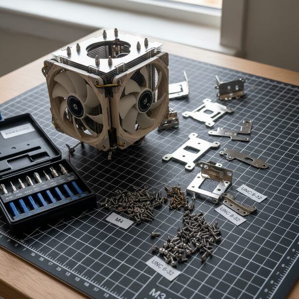 PC自作の作業台に散らかったCPUクーラーと多種多様なネジ。M3、M4、インチネジなどの規格の違いに戸惑う状況を表現し、リテンションキットの正しい取り付けや代用ネジの探し方といった記事テーマを示唆する。