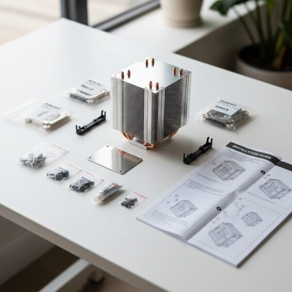 CPUクーラーの製品パッケージから取り出された付属品一式。IntelとAMD両対応のリテンションキットやバックプレート、サーマルグリス、各種ネジが整然と並び、メーカー純正パーツの重要性を示している。