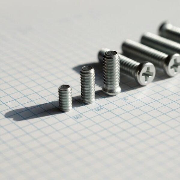 方眼紙の上に並べられたM3ネジとM4ネジの比較。CPUクーラーの固定に使われるネジの直径やサイズの違いを視覚的に示し、M.2 SSD用など他のPCパーツとの規格の違いを解説。