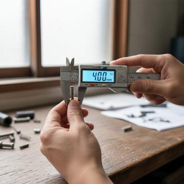 デジタルノギスを使用してCPUクーラー用のM4ネジの直径を正確に測定している手元。ミリネジとインチネジのように見た目が似ているネジでも、ノギスを使えば規格を確実に見分けることができる。
