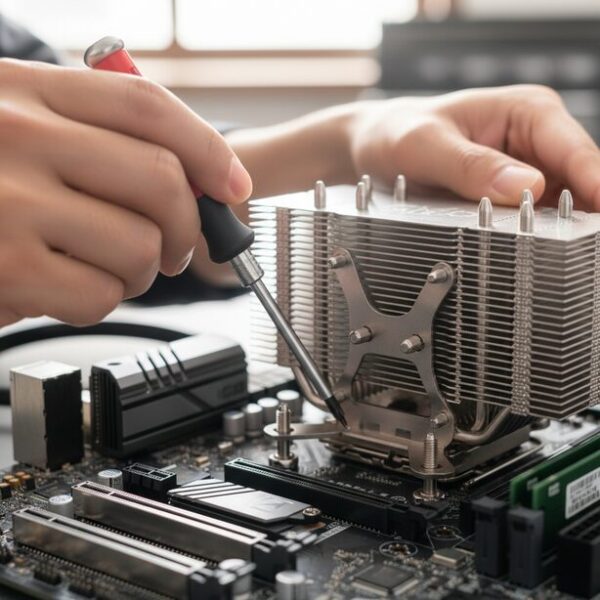 マザーボード上のCPUにCPUクーラーを設置し、リテンションキットのネジをドライバーで締めている様子。圧力が均一にかかるよう、対角線上に少しずつ締めるという正しい取り付け方の基本を示す。