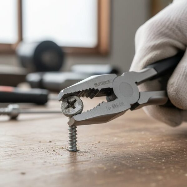 頭の溝が潰れてしまった(なめた)ネジを、ネジザウルスのような専用プライヤーで掴んで強制的に回している様子。固いネジや空回りするネジを外すための最終手段となるトラブル対処法。