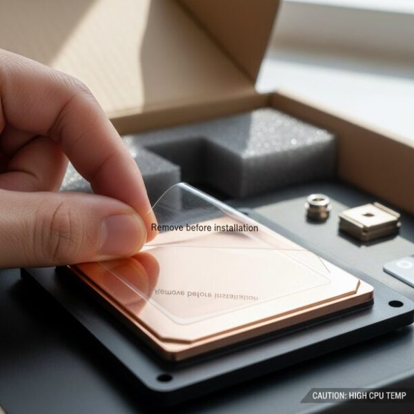 CPUクーラーの銅製ベースに貼られた透明な保護シールを指で剥がしているクローズアップ。このシールを剥がし忘れるとCPUが冷却されず、温度が異常に高くなるという、自作PCで非常によくあるトラブルの原因。