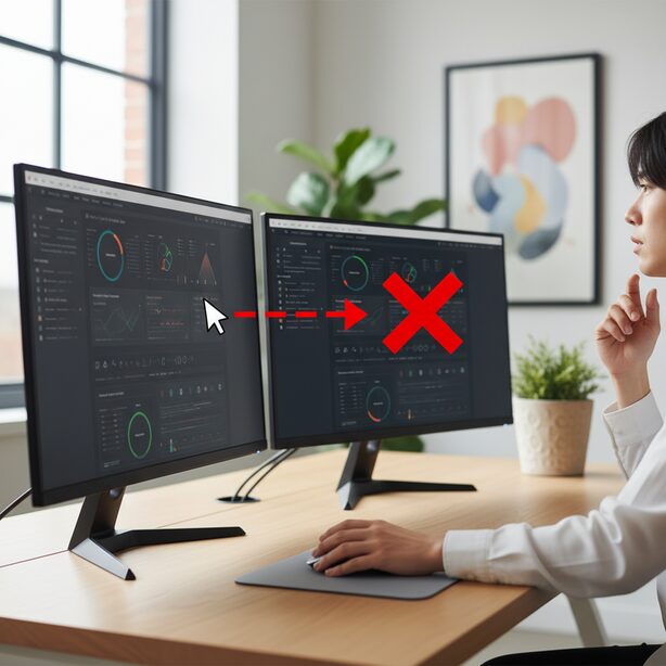デュアルモニター環境でマウスが隣の画面に移動できず、画面の端で止まってしまうトラブル。パソコンを2画面で使う際の表示設定やディスプレイの配置を見直すことで解決できる問題のイメージ。