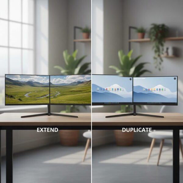 デュアルモニターの表示モード「拡張」と「複製」の違いを比較。マウスを画面間で移動させるためには、デスクトップを広く使う拡張モードに設定する必要があり、複製モードでは移動できない。