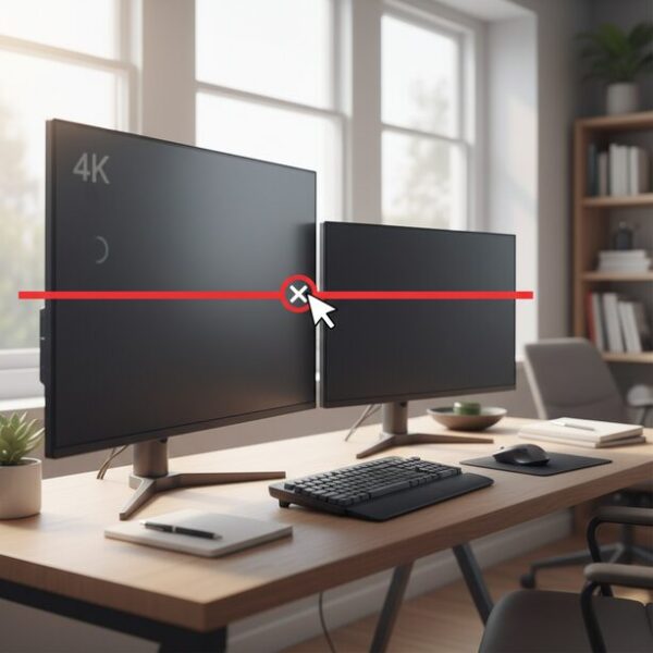 解像度が違うモニター同士を接続した際に発生するマウスの引っかかり。画面のピクセル数に差があるため、OSが認識する隣接部分に段差が生まれ、カーソルがスムーズに移動できなくなる。