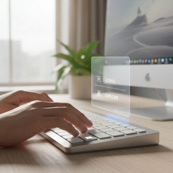 Windowsのショートカットキー「Win + P」でデュアルモニターの表示モードを簡単に切り替える方法。表示されるプロジェクトメニューから「拡張」を選択することで、マウスが移動できるようになる。