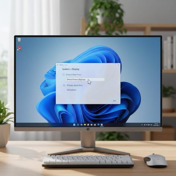 Windows11でデュアルモニターのマウスが移動できない時の対処法。設定アプリの「システム」から「ディスプレイ」へ進み、「表示画面を拡張する」を選択し、モニターの配置を調整する手順。