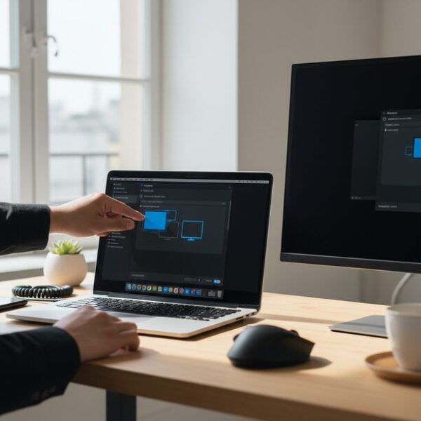 Macでデュアルディスプレイのマウスが動かない時の設定方法。システム設定の「ディスプレイ」項目で、ミラーリングを解除して「拡張ディスプレイ」として使用する設定に変更し、配置を調整する。